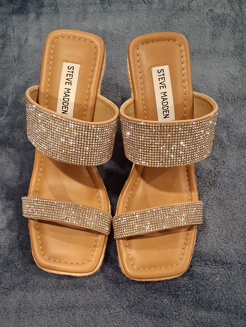 Steve Madden Tan Rhinestone Double-Band Wedges